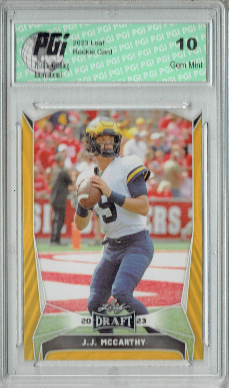 J.J. McCarthy 2023 Leaf Football #22 Gold Short Print Rookie Card PGI 10 Minnesota Vikings