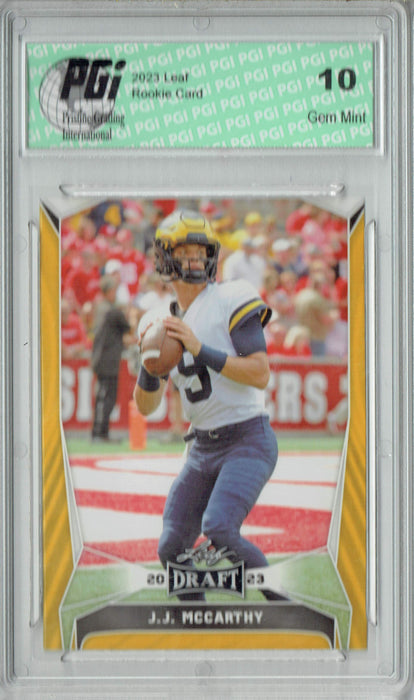 J.J. McCarthy 2023 Leaf Football #22 Gold Short Print Rookie Card PGI 10 Minnesota Vikings