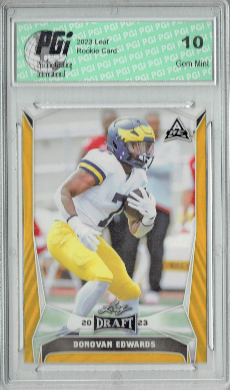 Donovan Edwards Rookie Card PGI 10 Gem Mint Football Trading Card 2023 Leaf Football #33 Gold SP