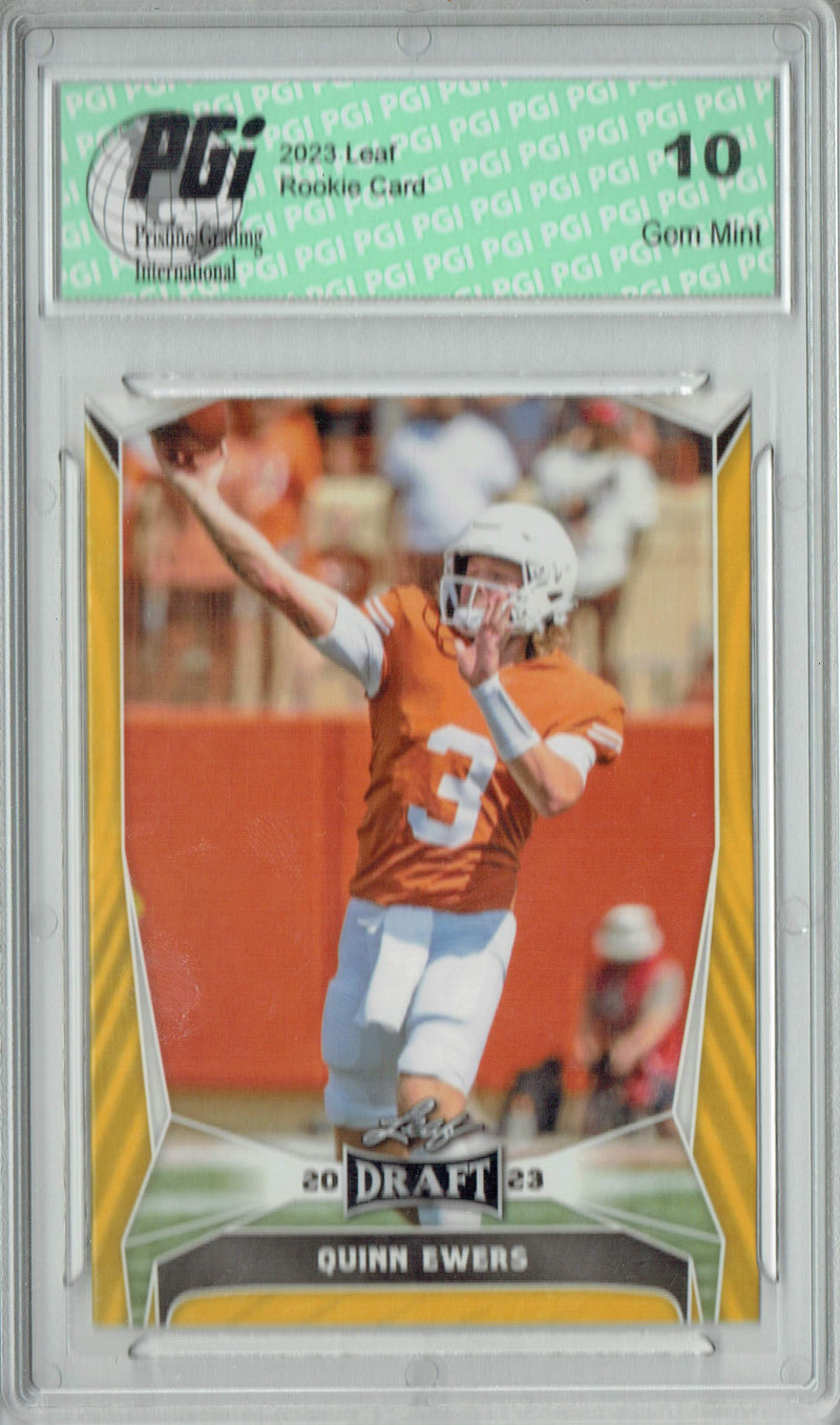 Quinn Ewers Rookie Card Texas PGI 10 Gem Mint Football Trading Card 2023 Leaf Football #28 Gold SP Texas