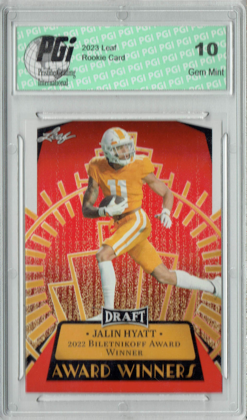 Jalin Hyatt Rookie Card PGI 10 Gem Mint Football Trading Card 2023 Leaf Football #15 Red SP Award Winners