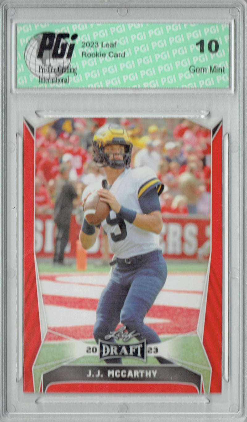J.J. McCarthy Rookie Card Minnesota PGI 10 Gem Mint Football Trading Card 2023 Leaf Football #22 Red Short Print