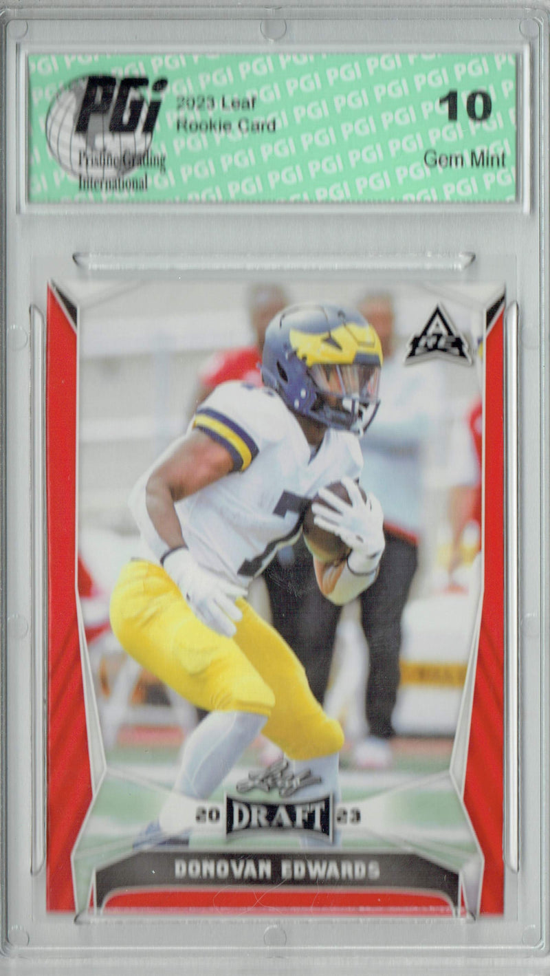 Donovan Edwards Rookie Card PGI 10 Gem Mint Football Trading Card 2023 Leaf Football #33 Red SP