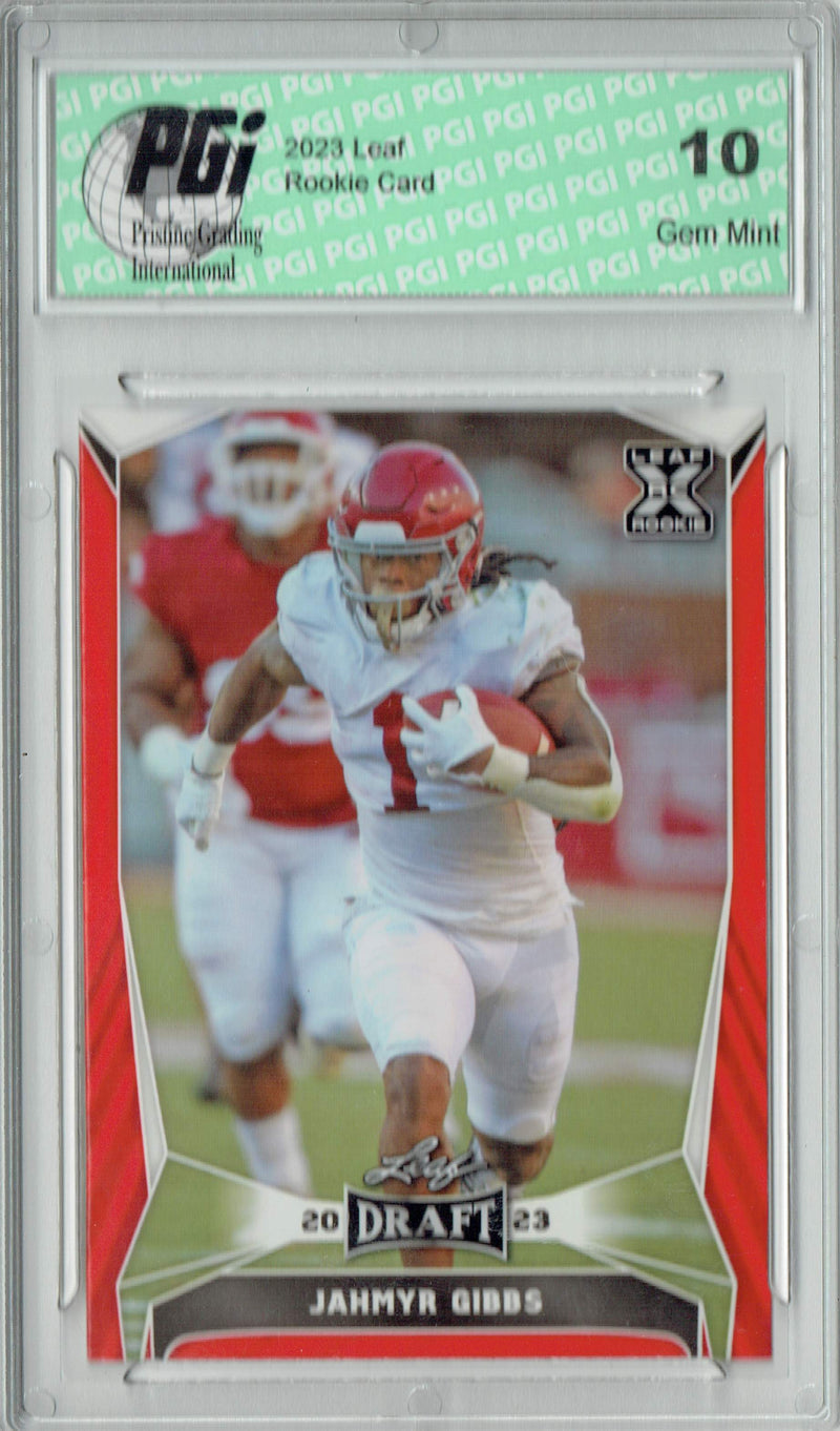 Jahmyr Gibbs Rookie Card Detroit PGI 10 Gem Mint Football Trading Card 2023 Leaf Football #50 Red SP