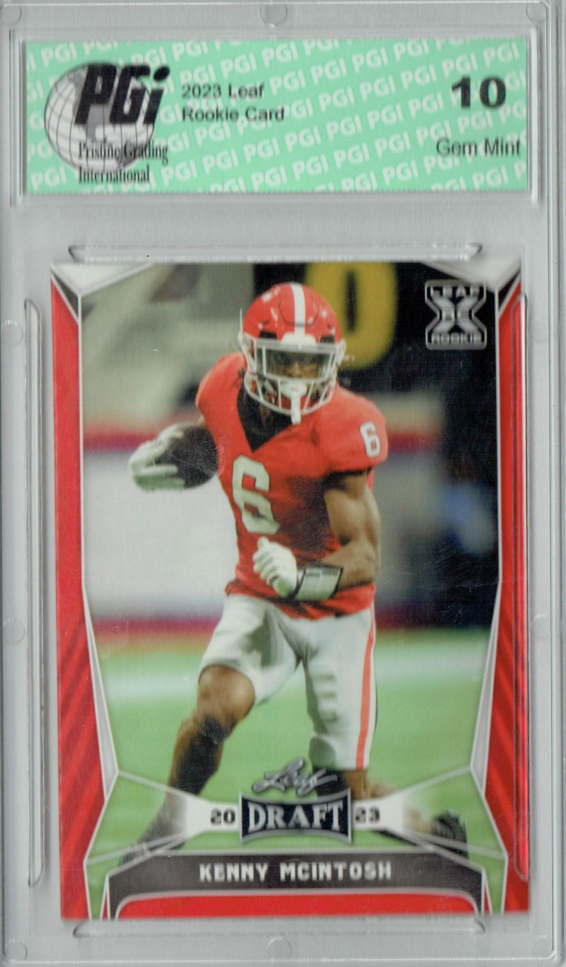 Kenny McIntosh Rookie Card PGI 10 Gem Mint Football Trading Card 2023 Leaf Football #59 Red SP