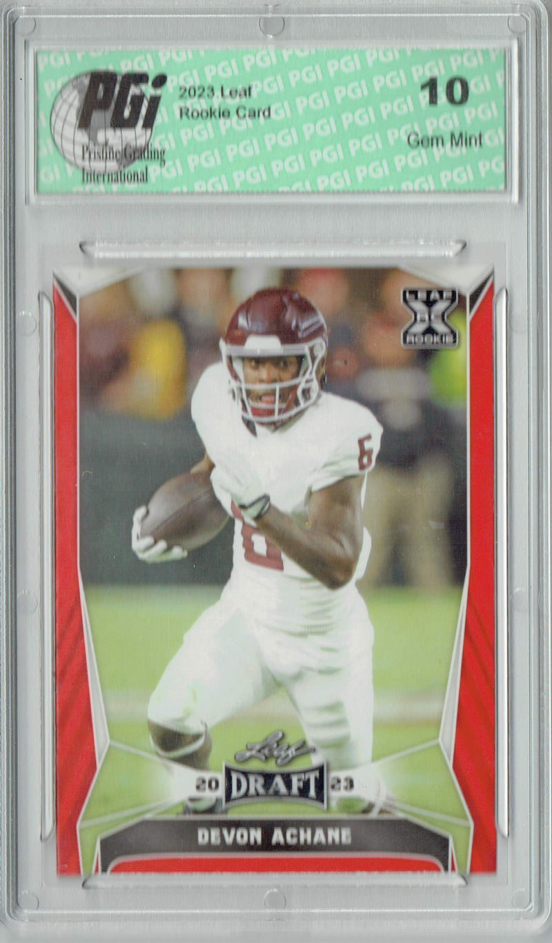 Devon Achane Rookie Card PGI 10 Gem Mint Football Trading Card 2023 Leaf Football #46 Red SP