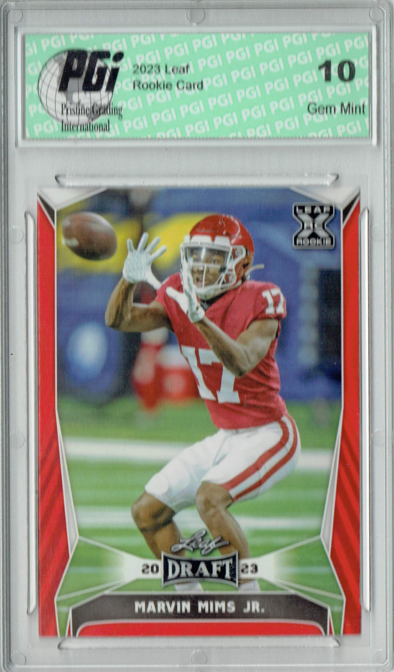 Marvin Mims Jr. Rookie Card PGI 10 Gem Mint Football Trading Card 2023 Leaf Football #60 Red SP