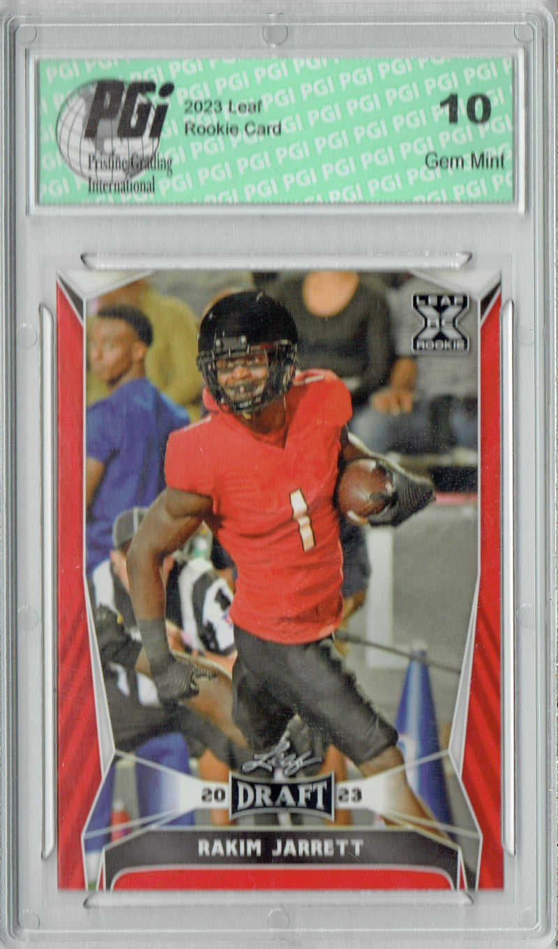 Rakim Jarrett Rookie Card PGI 10 Gem Mint Football Trading Card 2023 Leaf Football #65 Red SP