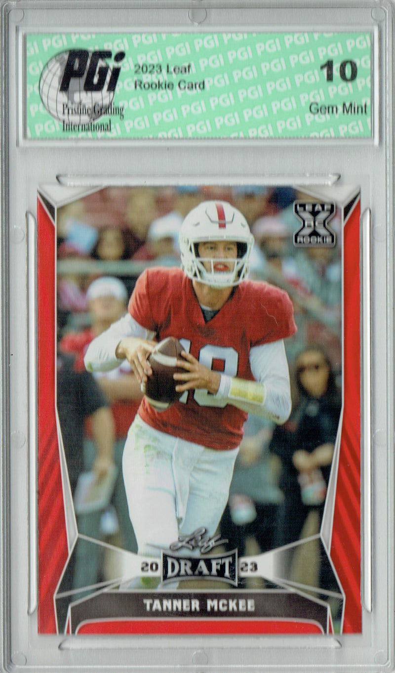 Tanner McKee Rookie Card PGI 10 Gem Mint Football Trading Card 2023 Leaf Football #70 Red SP