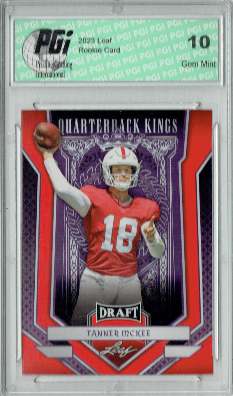 Tanner McKee Rookie Card PGI 10 Gem Mint Football Trading Card 2023 Leaf Football #94 Red SP Quarterback Kings