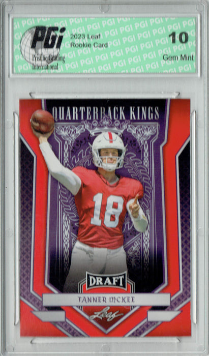 Tanner McKee 2023 Leaf Football #94 Red SP Quarterback Kings Rookie Card PGI 10