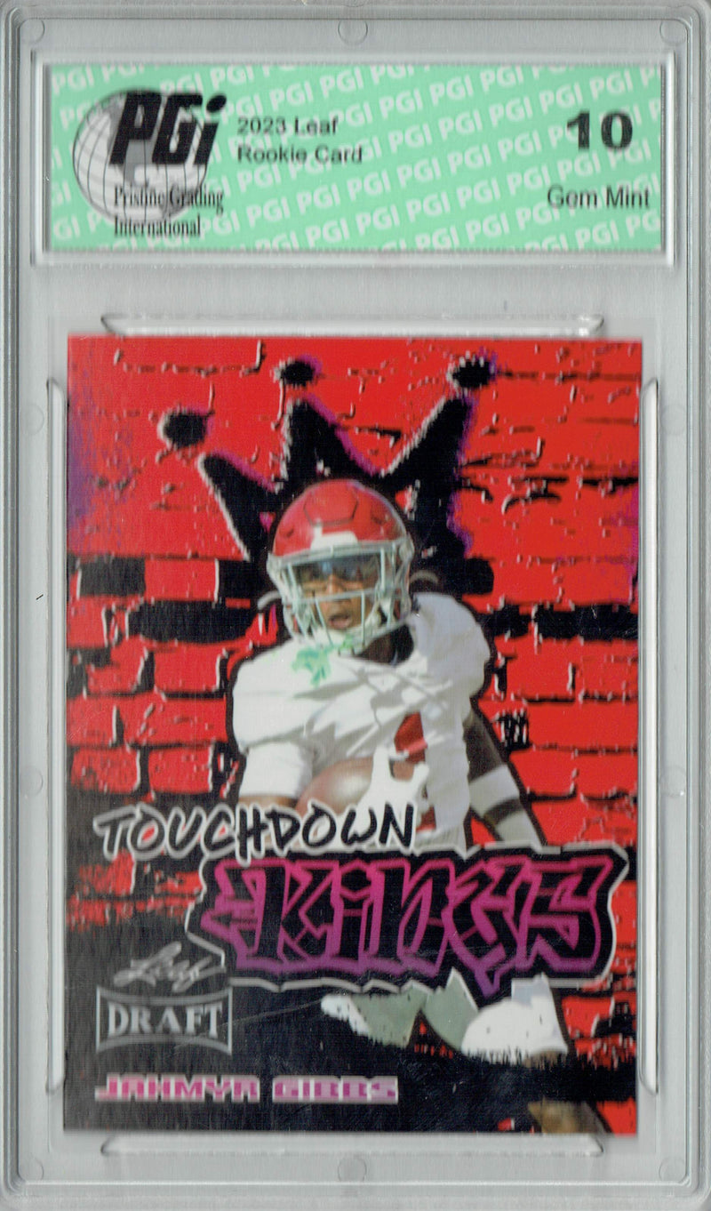 Jahmyr Gibbs Rookie Card Detroit PGI 10 Gem Mint Football Trading Card 2023 Leaf Football #96 Red SP Touchdown Kings