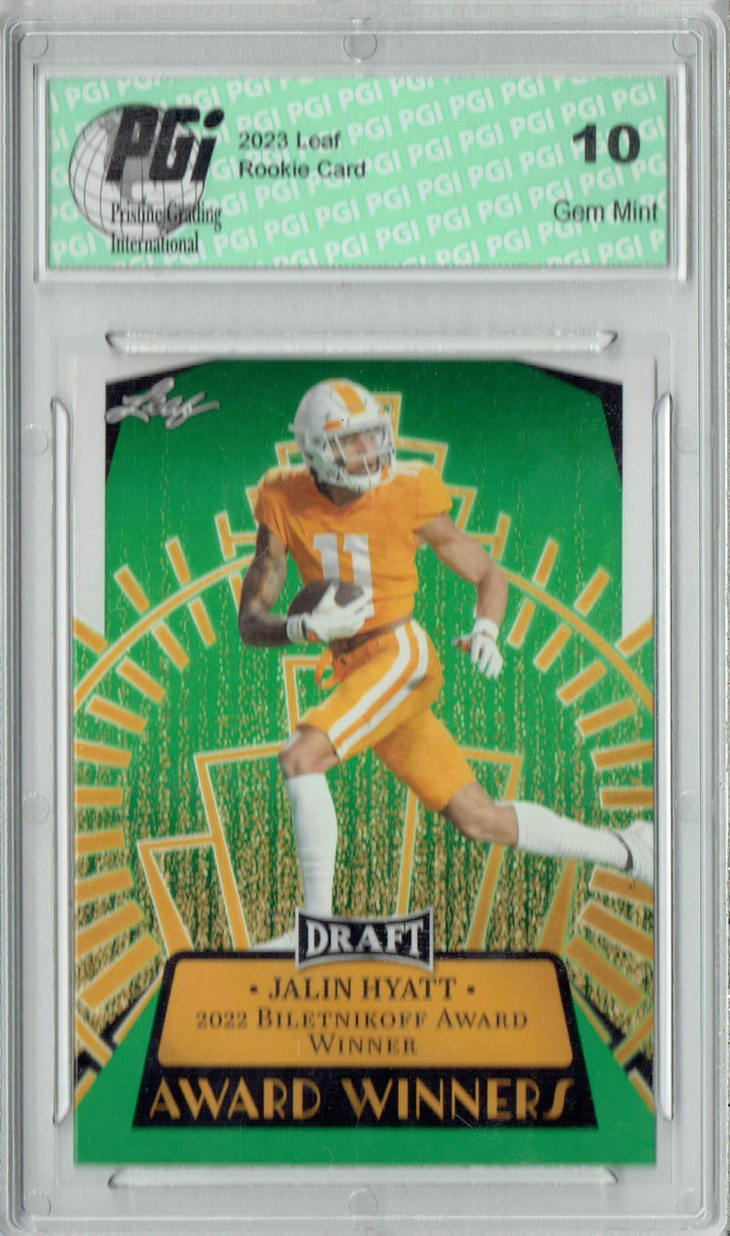Jalin Hyatt Rookie Card PGI 10 Gem Mint Football Trading Card 2023 Leaf Football #15 Green  SP Award Winners