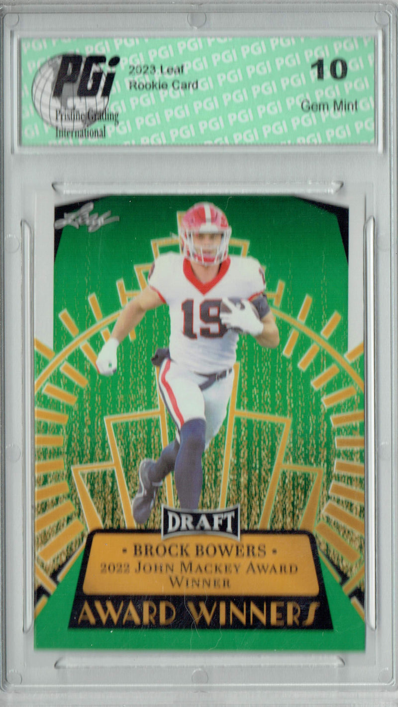 Brock Bowers 2023 Leaf Football #13 Green SP Award Winners Rookie Card PGI 10 Las Vegas Raiders