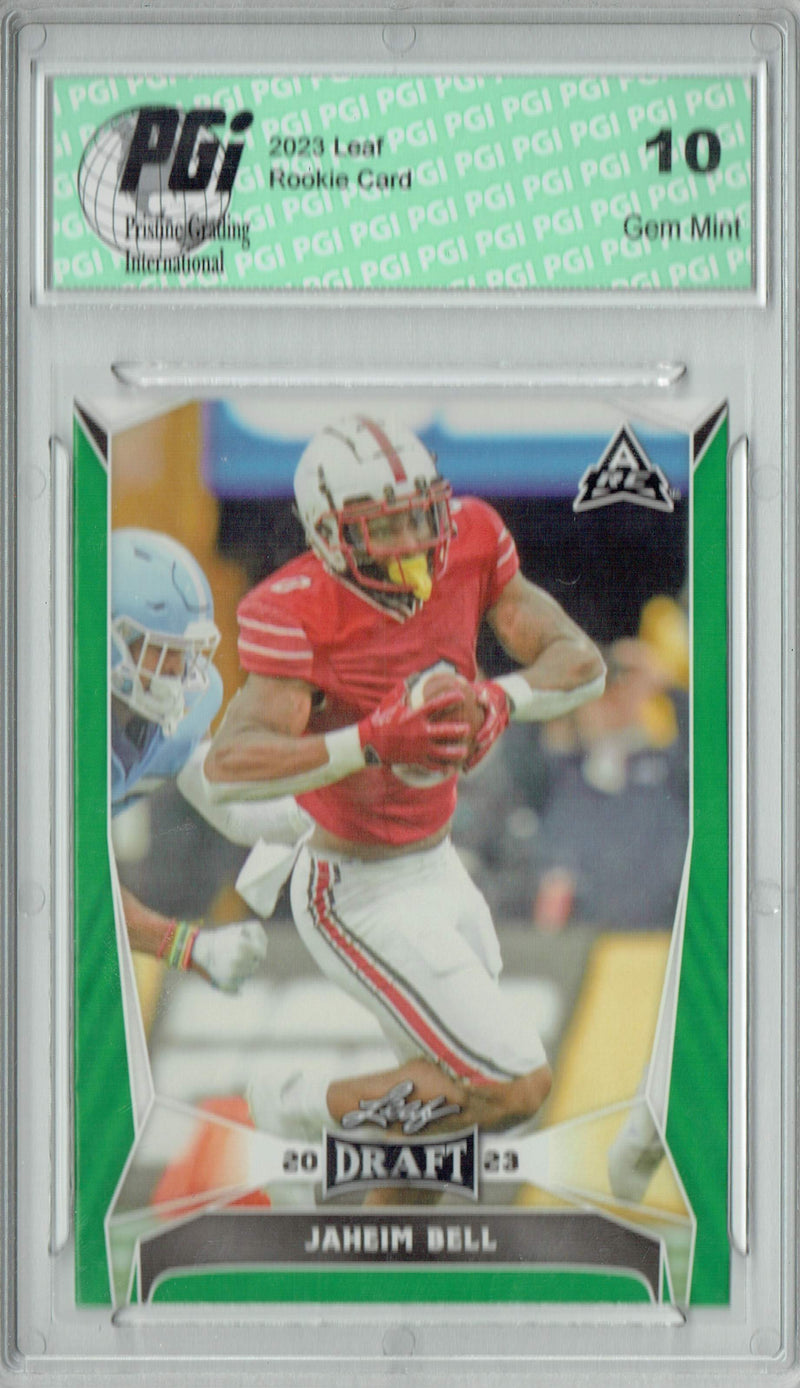 Jaheim Bell Rookie Card PGI 10 Gem Mint Football Trading Card 2023 Leaf Football #35 Green SP