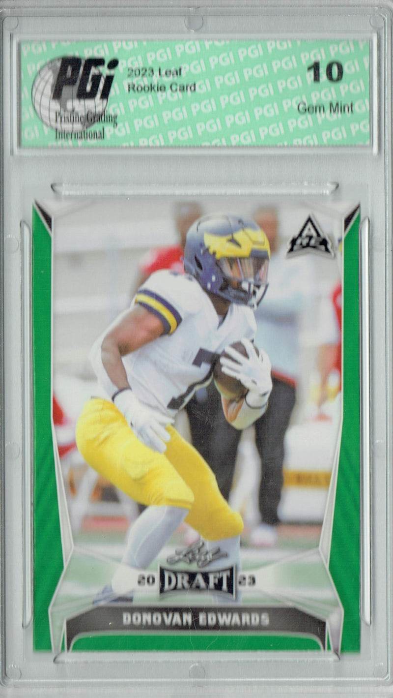 Donovan Edwards Rookie Card PGI 10 Gem Mint Football Trading Card 2023 Leaf Football #33 Green SP