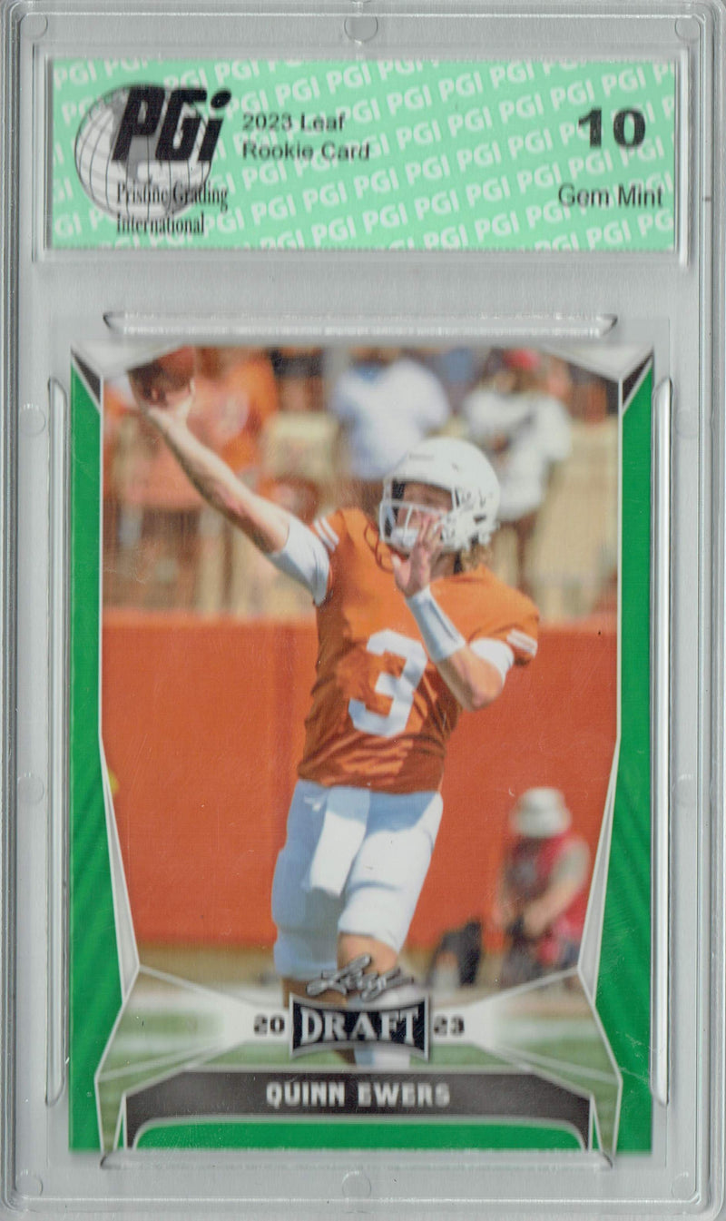 Quinn Ewers Rookie Card Texas PGI 10 Gem Mint Football Trading Card 2023 Leaf Football #28 Green SP Texas