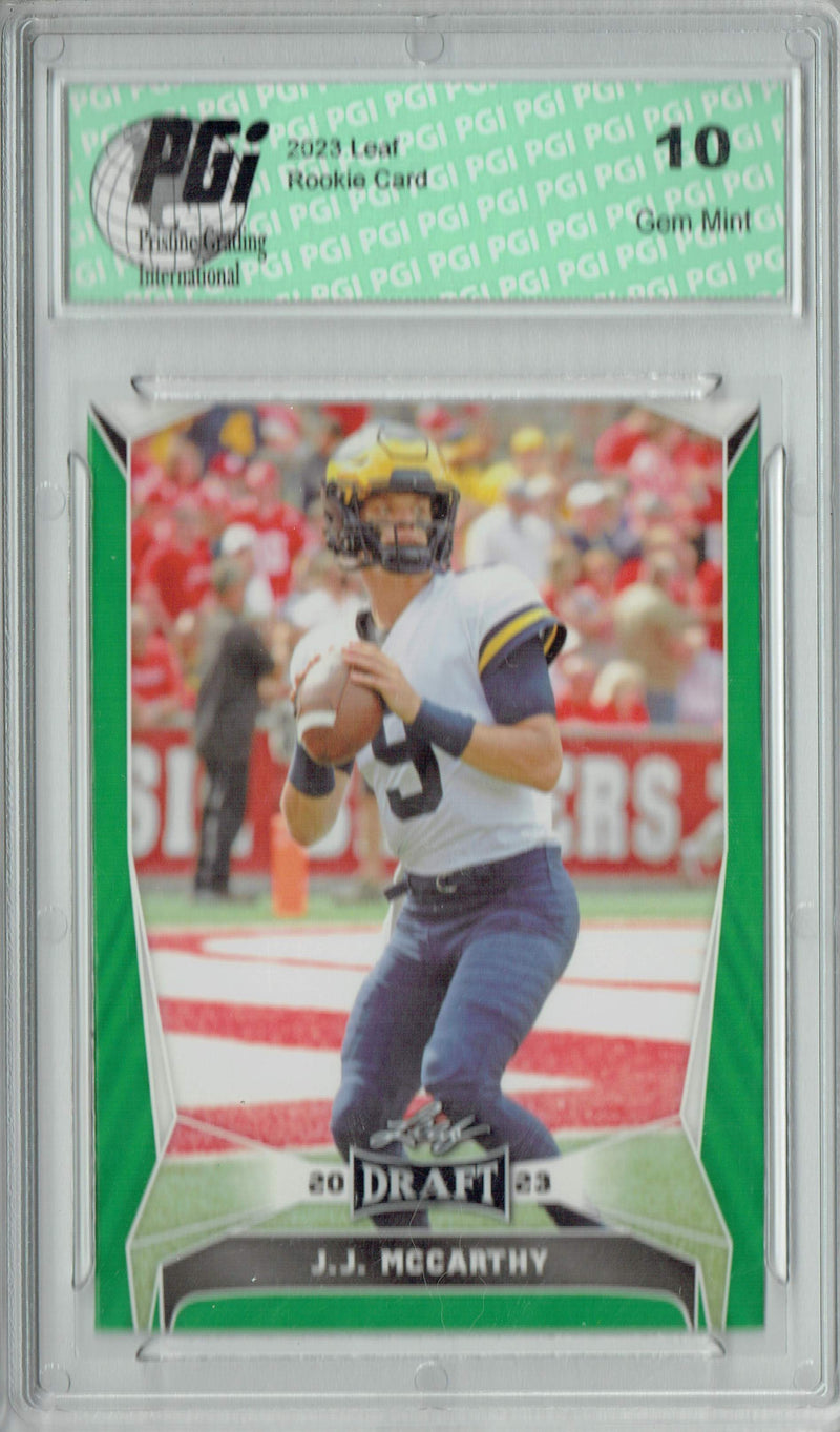 J.J. McCarthy Rookie Card Minnesota PGI 10 Gem Mint Football Trading Card 2023 Leaf Football #22 Green Short Print