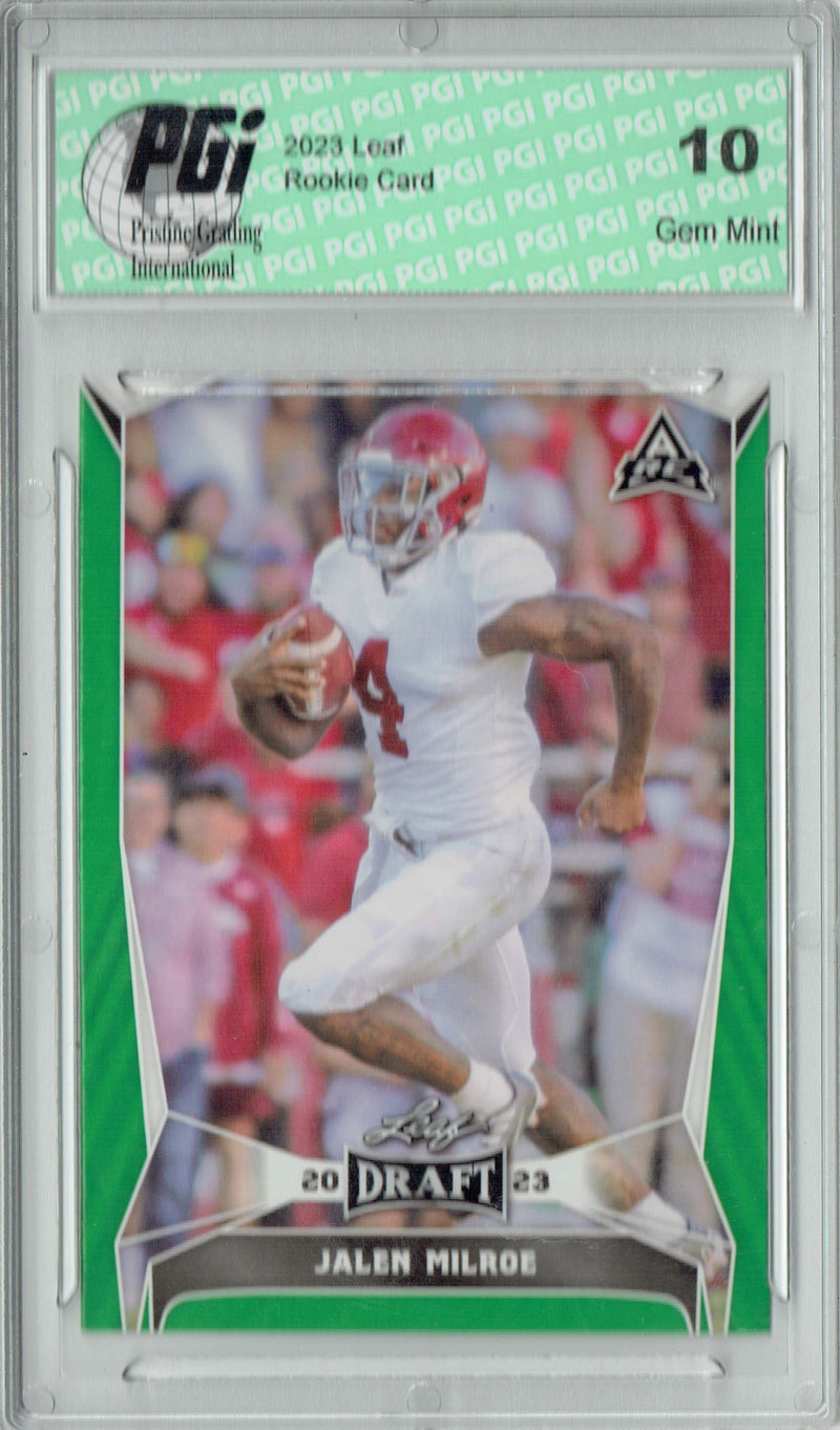 Jalen Milroe Rookie Card Alabama / Seattle PGI 10 Gem Mint Football Trading Card 2023 Leaf Football #36 Green SP