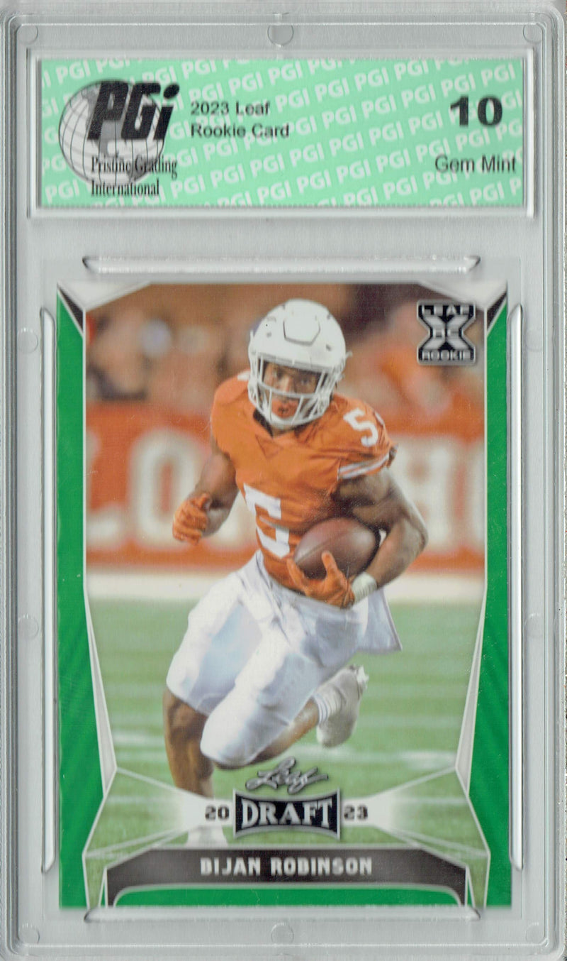 Bijan Robinson Rookie Card Atlanta PGI 10 Gem Mint Football Trading Card 2023 Leaf Football #41 Green SP Texas