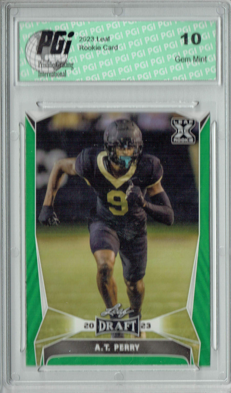A.T. Perry Rookie Card PGI 10 Gem Mint Football Trading Card 2023 Leaf Football #39 Green SP