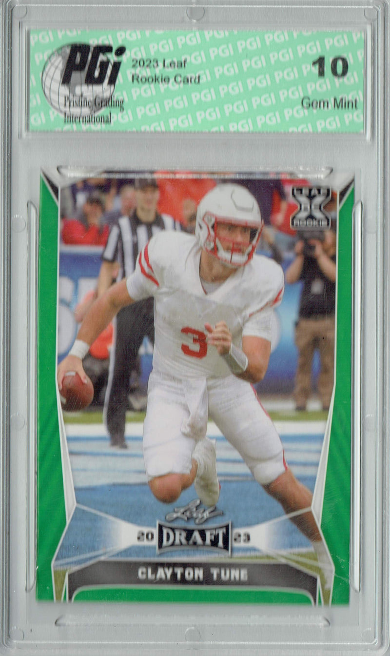 Clayton Tune Rookie Card PGI 10 Gem Mint Football Trading Card 2023 Leaf Football #44 Green SP