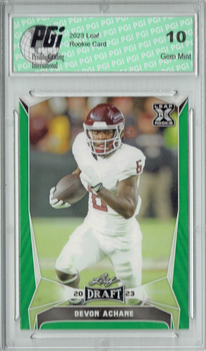 Devon Achane Rookie Card PGI 10 Gem Mint Football Trading Card 2023 Leaf Football #46 Green SP
