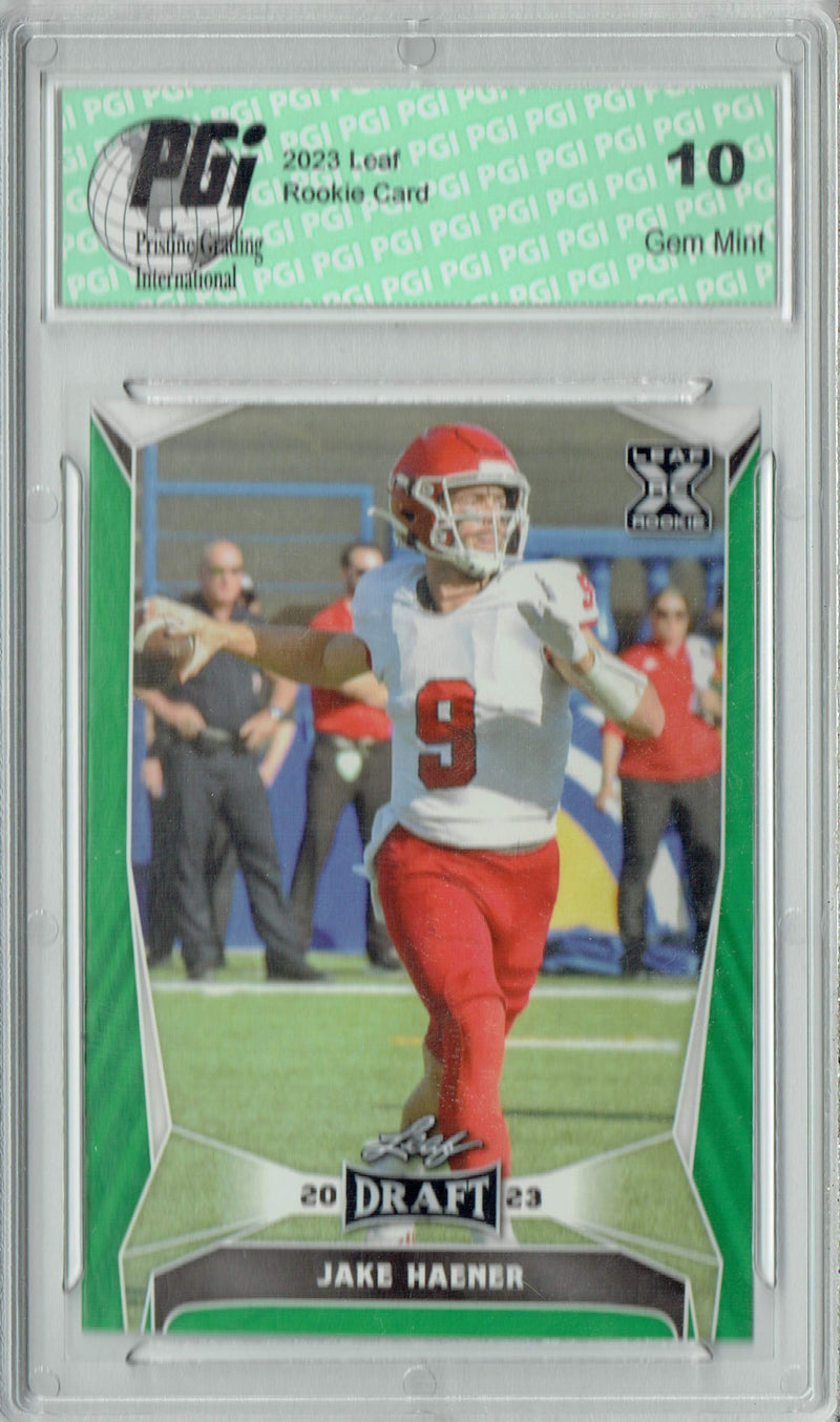 Jake Haener Rookie Card PGI 10 Gem Mint Football Trading Card 2023 Leaf Football #51 Green SP