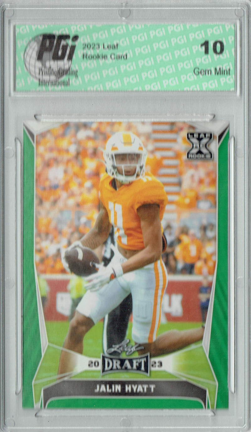 Jalin Hyatt Rookie Card PGI 10 Gem Mint Football Trading Card 2023 Leaf Football #53 Green SP