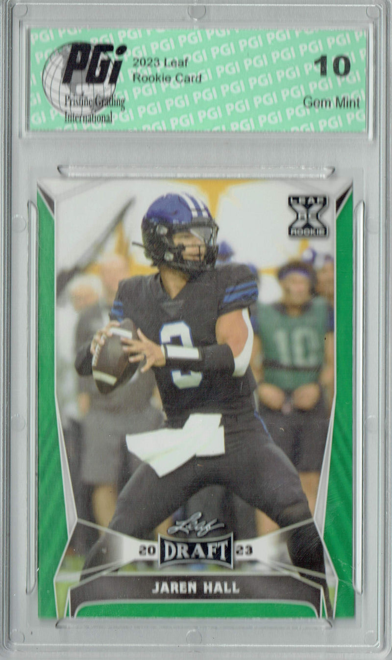 Jaren Hall Rookie Card PGI 10 Gem Mint Football Trading Card 2023 Leaf Football #54 Green SP