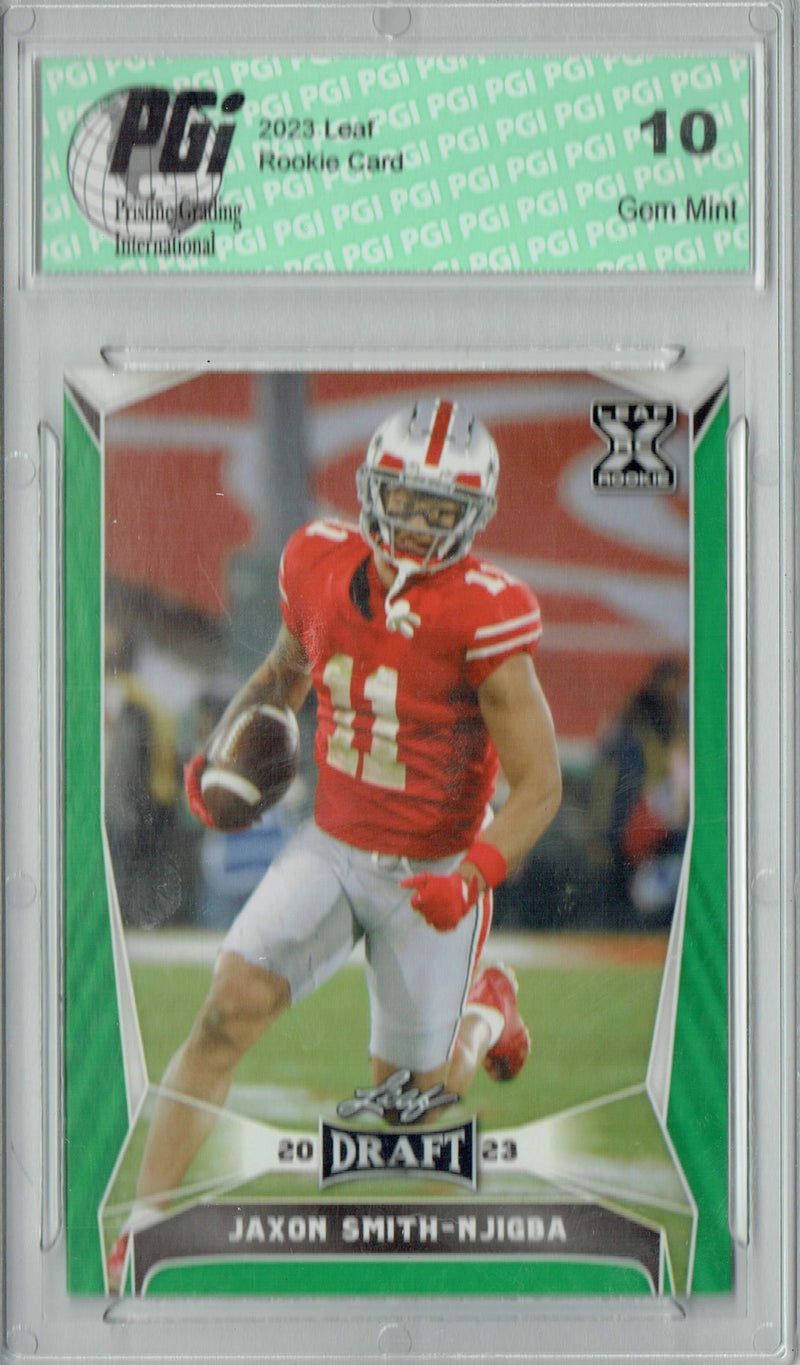 Jaxon Smith-Njigba Rookie Card PGI 10 Gem Mint Football Trading Card 2023 Leaf Football #55 Green SP
