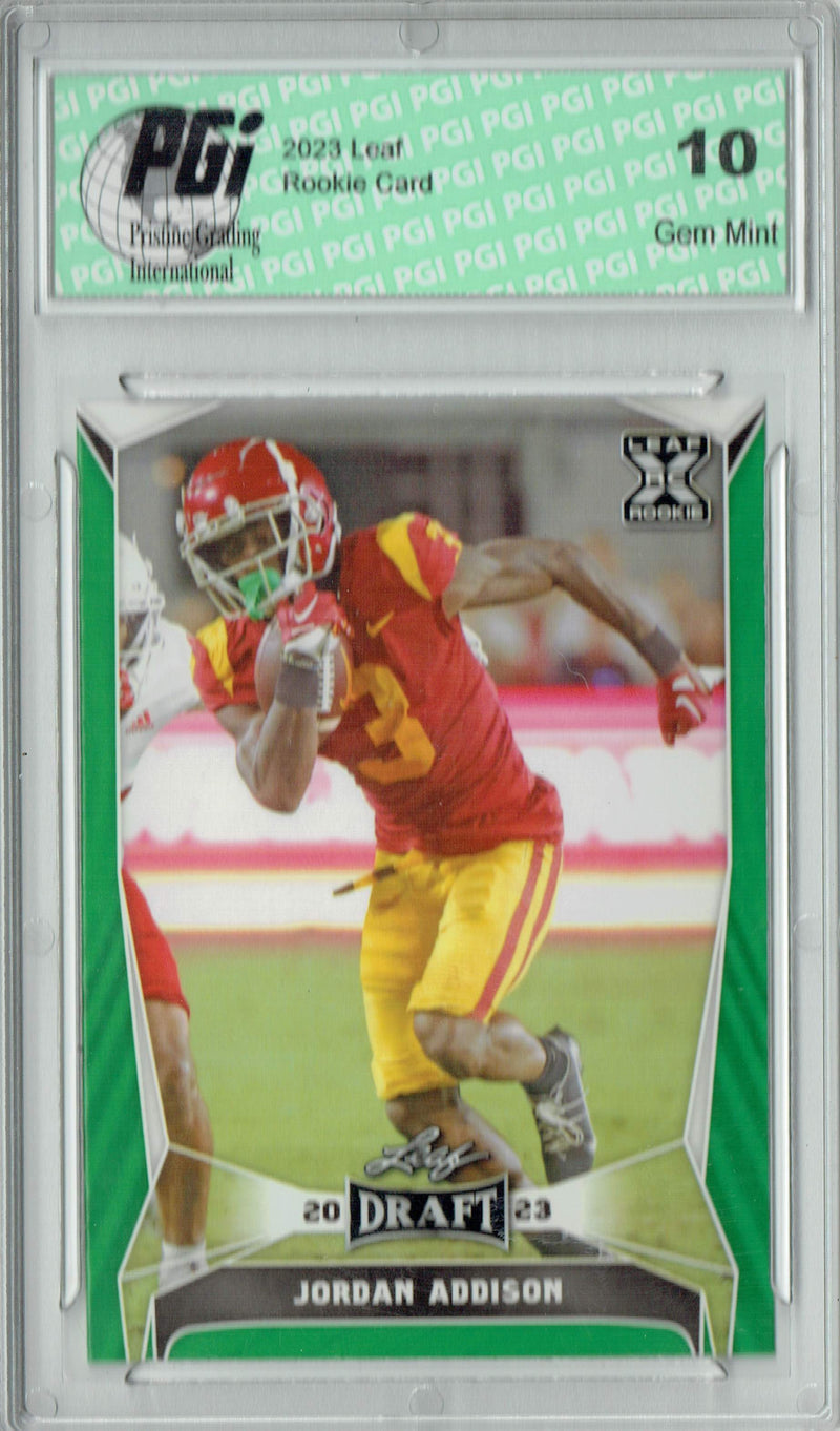 Jordan Addison Rookie Card Minnesota PGI 10 Gem Mint Football Trading Card 2023 Leaf Football #56 Green SP