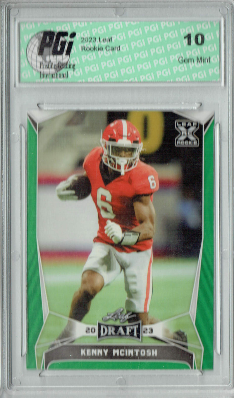 Kenny McIntosh Rookie Card PGI 10 Gem Mint Football Trading Card 2023 Leaf Football #59 Green SP