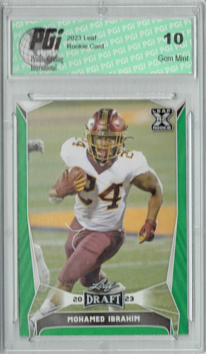 Mohamed Ibrahim 2023 Leaf Football #63 Green SP Rookie Card PGI 10