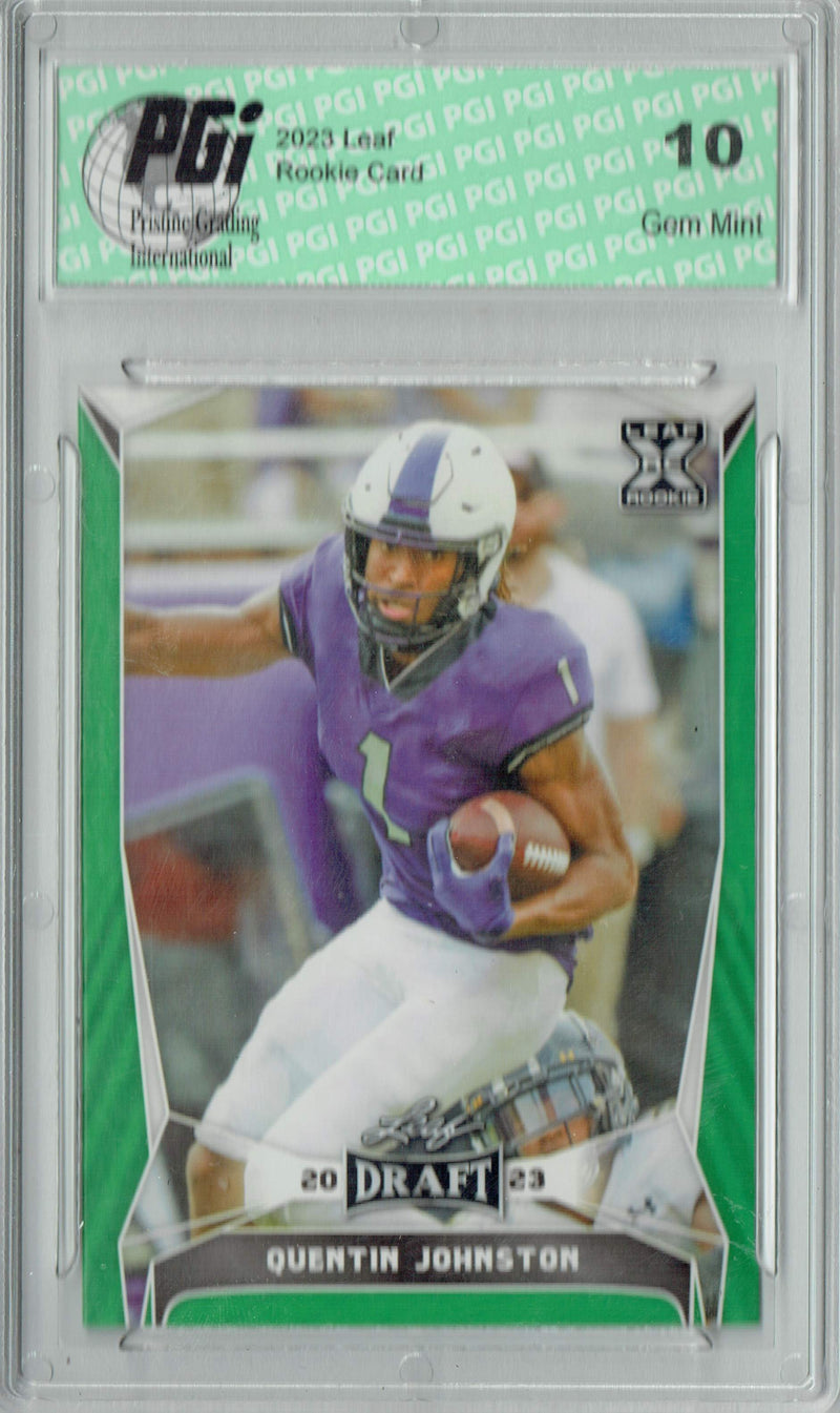 Quentin Johnston Rookie Card PGI 10 Gem Mint Football Trading Card 2023 Leaf Football #64 Green SP