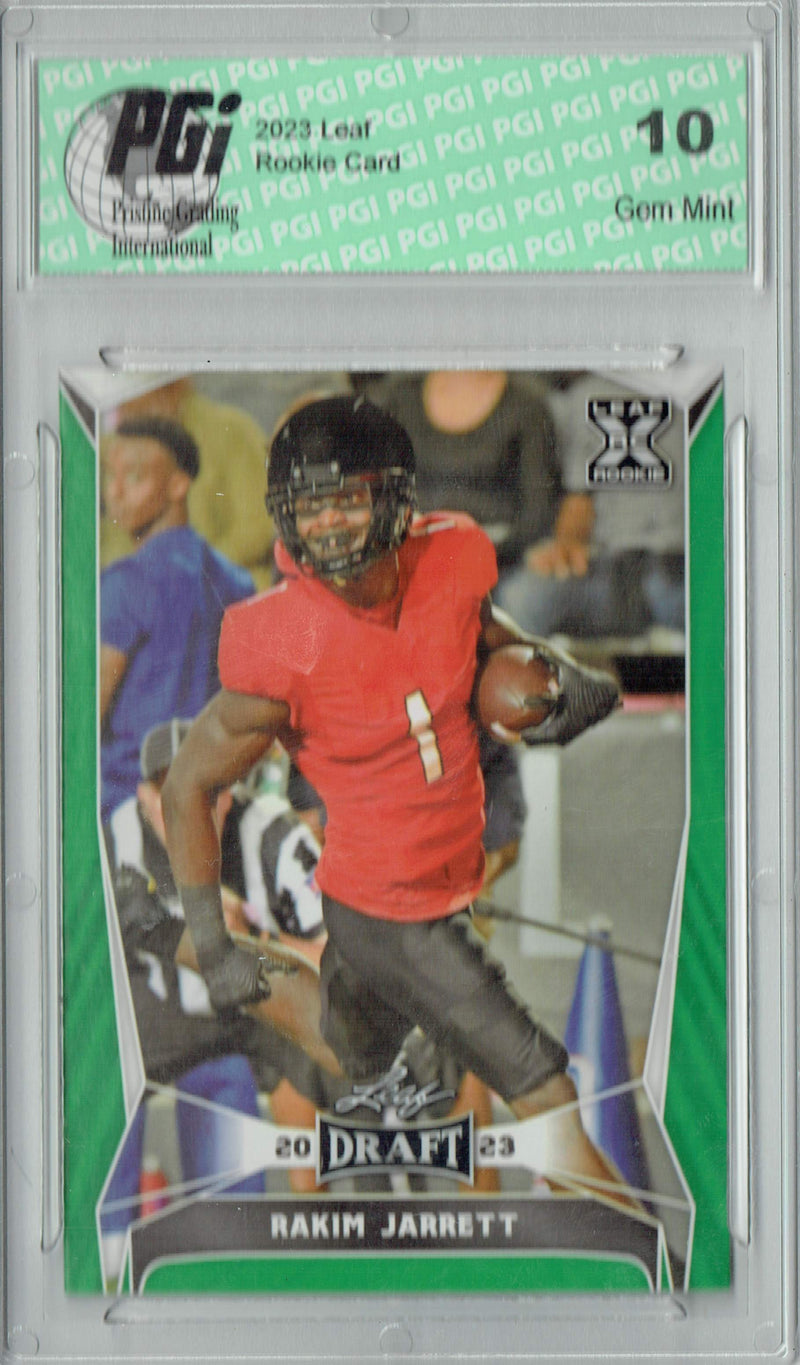 Rakim Jarrett Rookie Card PGI 10 Gem Mint Football Trading Card 2023 Leaf Football #65 Green SP