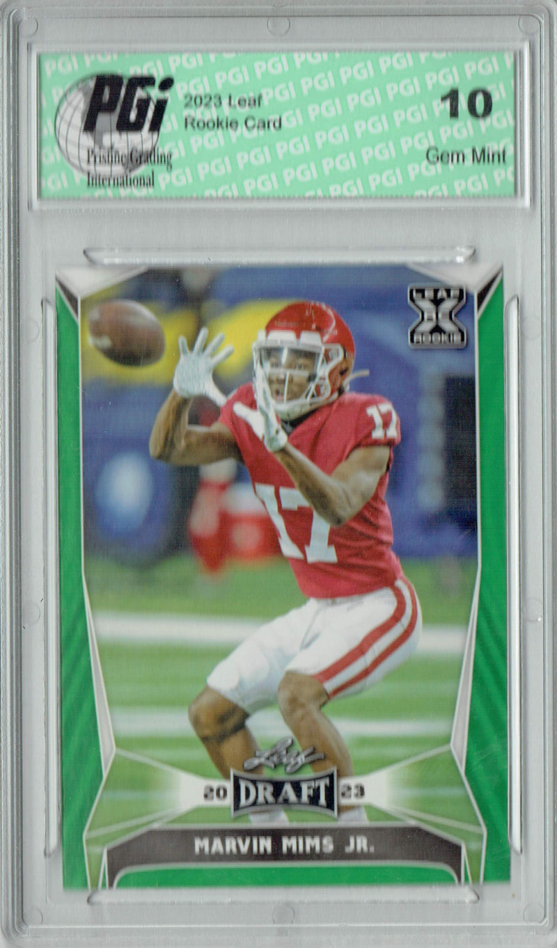 Marvin Mims Jr. Rookie Card PGI 10 Gem Mint Football Trading Card 2023 Leaf Football #60 Green SP