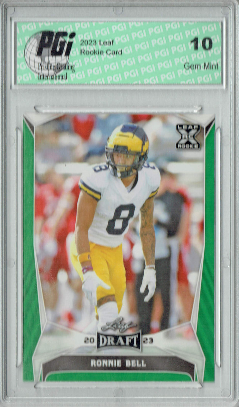 Ronnie Bell Rookie Card PGI 10 Gem Mint Football Trading Card 2023 Leaf Football #67 Green SP