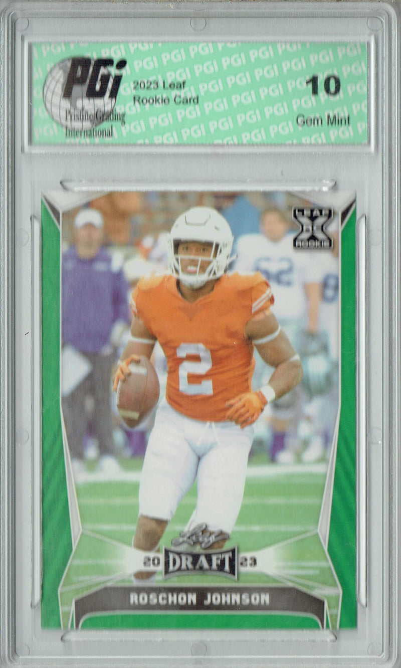 Roschon Johnson Rookie Card PGI 10 Gem Mint Football Trading Card 2023 Leaf Football #68 Green SP