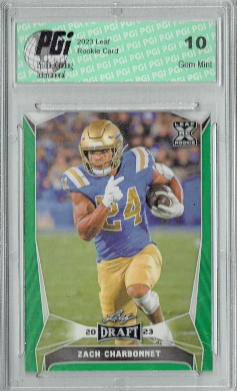 Zach Charbonnet Rookie Card PGI 10 Gem Mint Football Trading Card 2023 Leaf Football #74 Green SP