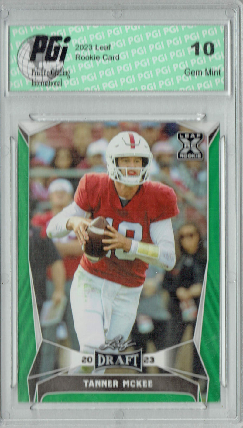 Tanner McKee Rookie Card PGI 10 Gem Mint Football Trading Card 2023 Leaf Football #70 Green SP
