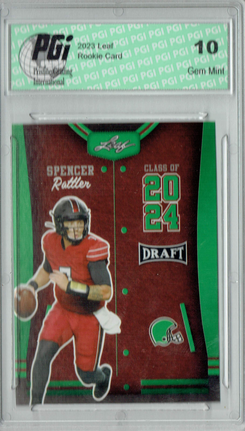 Spencer Rattler Rookie Card Oklahoma PGI 10 Gem Mint Football Trading Card 2023 Leaf Football #80 Green SP Class of 2024