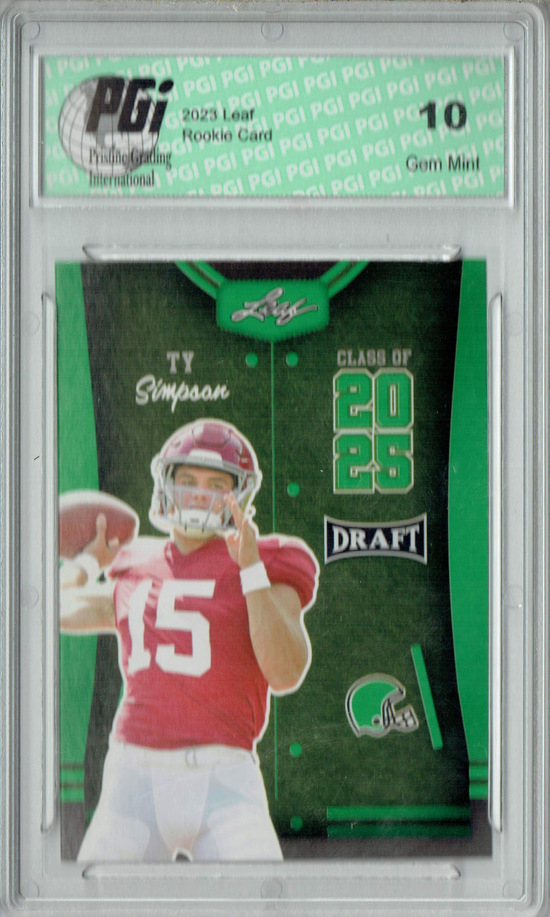 Ty Simpson Rookie Card PGI 10 Gem Mint Football Trading Card 2023 Leaf Football #85 Green SP Class of 2025