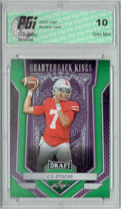 C.J. Stroud 2023 Leaf Football #90 Green SP Quarterback Kings Rookie Card PGI 10