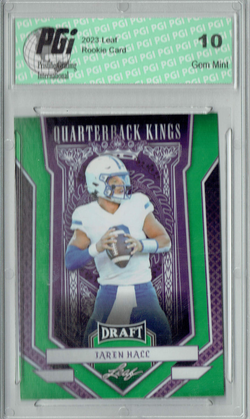 Jaren Hall Rookie Card PGI 10 Gem Mint Football Trading Card 2023 Leaf Football #92 Green SP Quarterback Kings