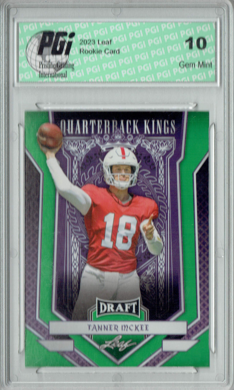 Tanner McKee Rookie Card PGI 10 Gem Mint Football Trading Card 2023 Leaf Football #94 Green Quarterback Kings