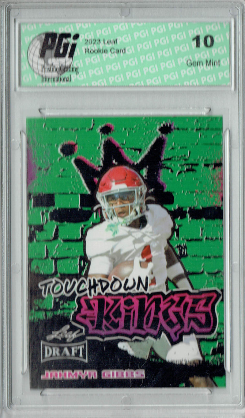 Jahmyr Gibbs Rookie Card PGI 10 Gem Mint Football Trading Card 2023 Leaf Football #96 Green SP Touchdown Kings
