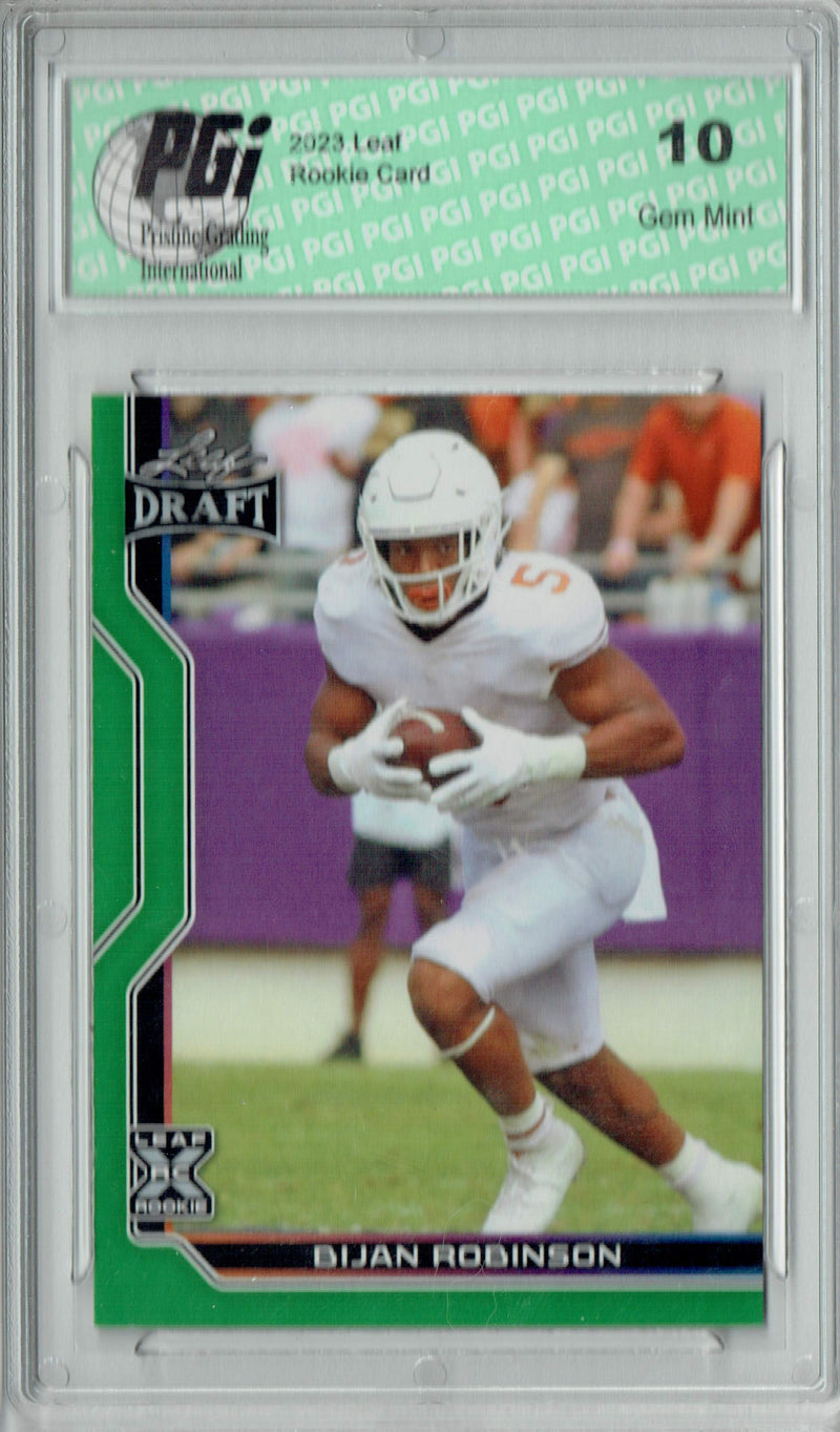 Bijan Robinson Rookie Card Atlanta PGI 10 Gem Mint Football Trading Card 2023 Leaf Football #B1-4 Green Special Edtn.