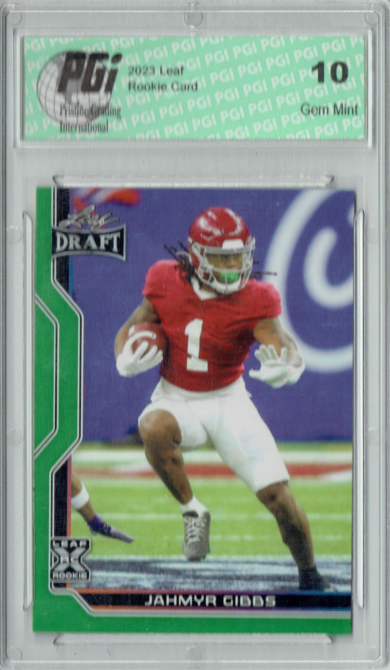 Jahmyr Gibbs Rookie Card PGI 10 Gem Mint Football Trading Card 2023 Leaf Football #B1-8 Green Special Edition