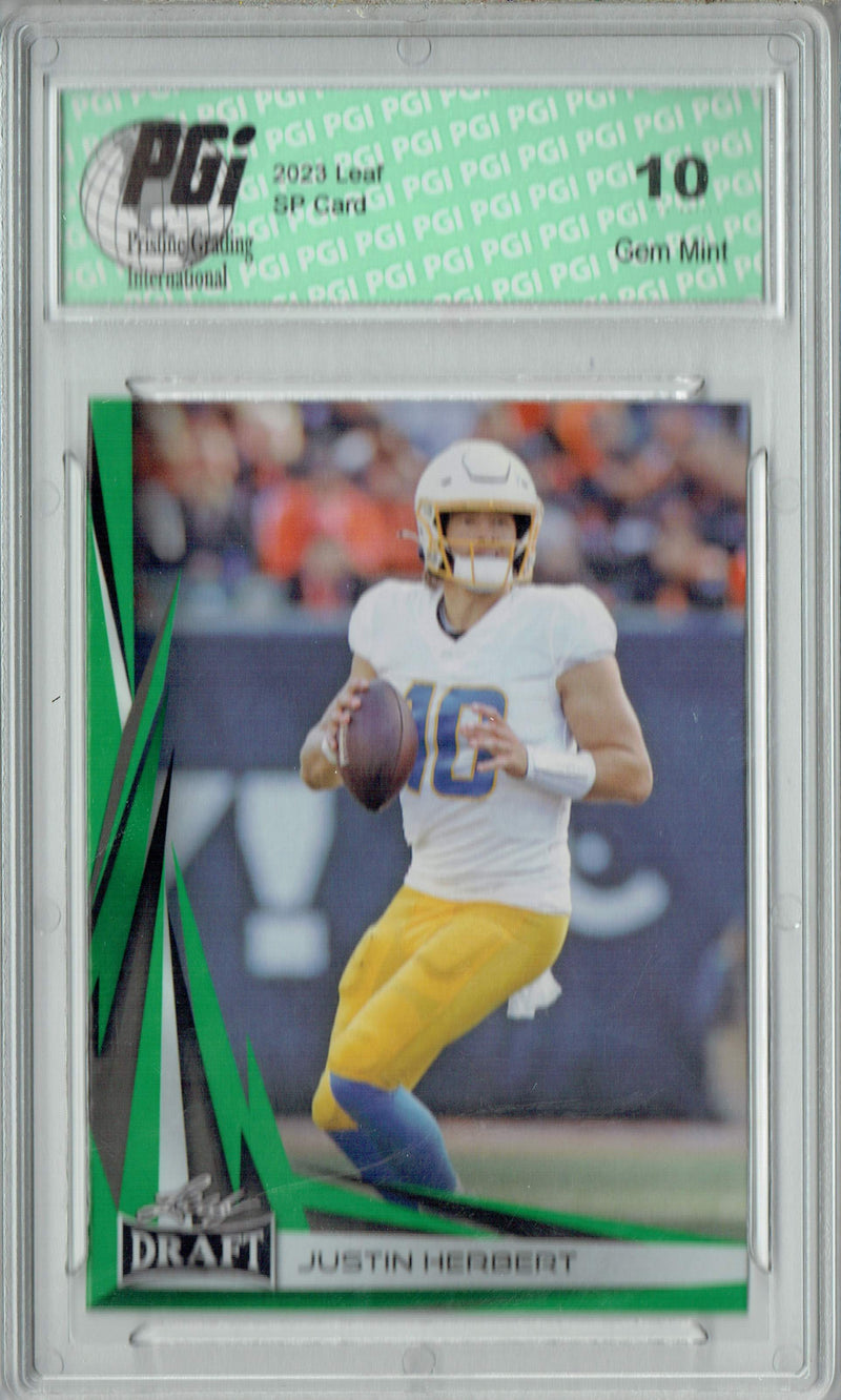 Justin Herbert Trading Card PGI 10 Gem Mint Football Card 2023 Leaf Football #B2-3 Green Special Edition